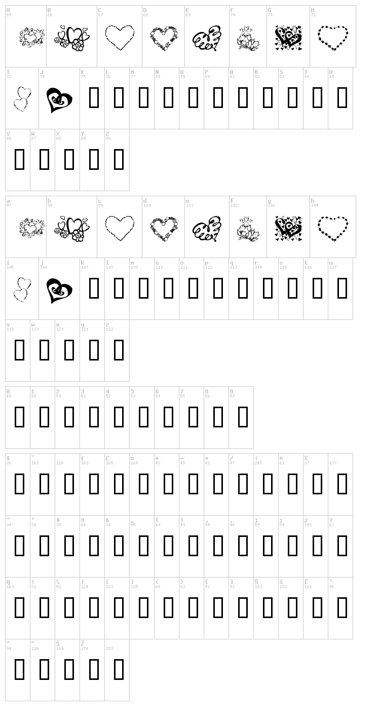 KR All About The Heart font map